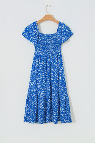Blue Ditsy Floral Print Smocked Square Neck Ruffle Short Sleeve Dress
