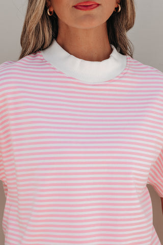 Sky Blue Stripe Cuffed Sleeve Contrast Mock Neck Tee Casual 2pcs Short Set