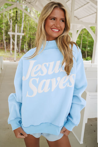Fiery Red Jesus Saves Slogan Print Stand Neck Baggy Sweatshirt