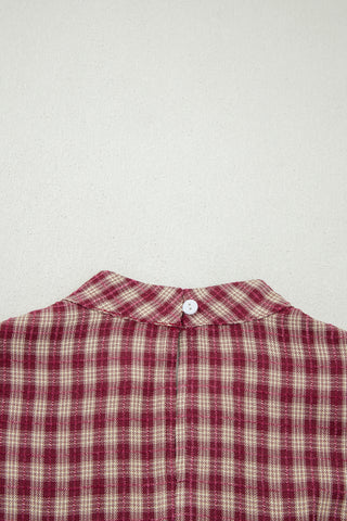 Coral Country Plaid Long Sleeve Button Keyhole Pleated Loose Blouse
