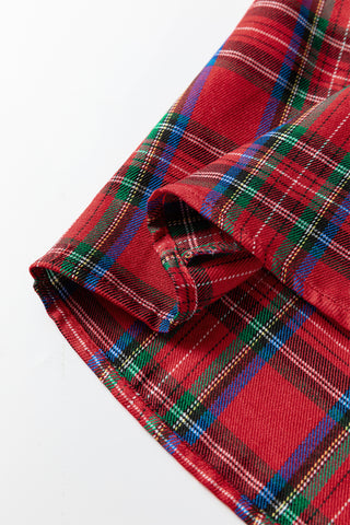 Red Plaid Print Contrast Trim V Neck Short Sleeve Blouse