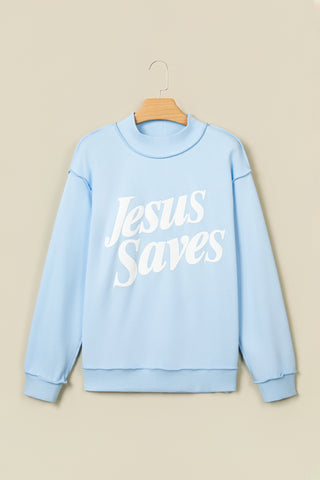 Fiery Red Jesus Saves Slogan Print Stand Neck Baggy Sweatshirt