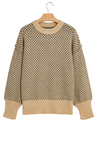 Khaki Geometric Print Drop Shoulder Round Neck Long Sleeve Sweater