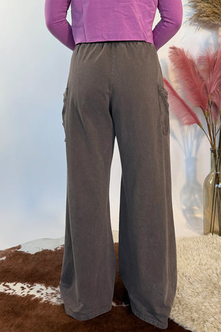 Dark Brown Cotton Mineral Wash Elastic Waist Drawstring Tie Detail Cargo Pants