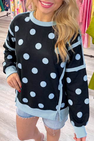 White Polka Dot Contrast Patchwork Round Neck Baggy Sweatshirt