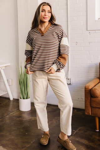 Brown Stripe Collar V Neck Color Block Detail Long Sleeve Pullover Top
