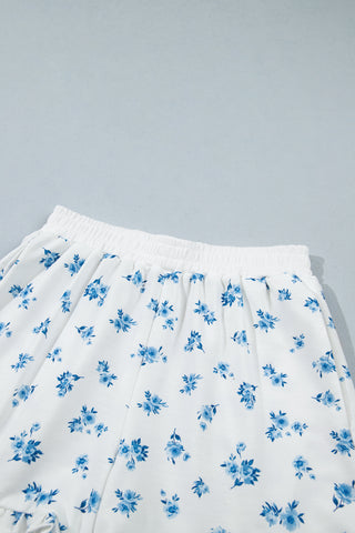 Sky Blue Floral Print Long Sleeve Top Elastic Waist Ruffle Hem Shorts 2pcs Set