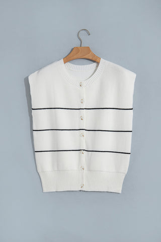 White Stripe Short Sleeve Button Front Shift Cardigan