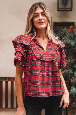 Red Festive Plaid Pearl Embellished Ruffle Short Sleeve Blouse