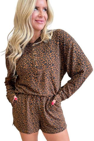 Brown Leopard Print Long Sleeve Henley Top Elastic Waist Shorts 2pcs Outfit