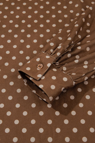 Brown Polka Dot V Neck Long Sleeve Button Shift Dress