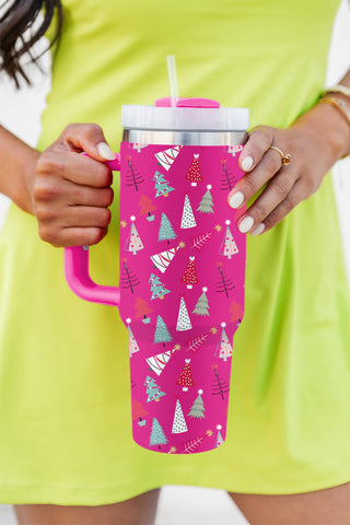 Black Cartoon Christmas Tree Printed Thermos Cup 40oz