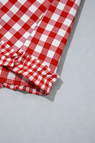 Red Plaid Long Sleeve Button Down Frill Detail Casual Shirt