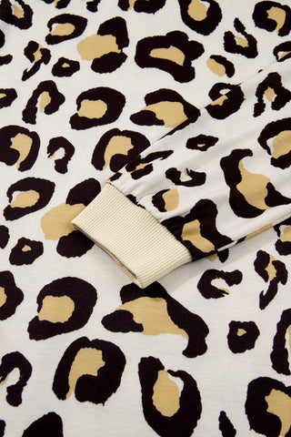 Khaki Leopard Long Sleeve Shift T Shirt Dress with Pockets