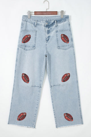 Beau Blue Sequin Rugby Pattern Raw Hem Casual Jeans