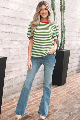 Green Stripe Short Puff Sleeve Contrast Trim Round Neck Tee