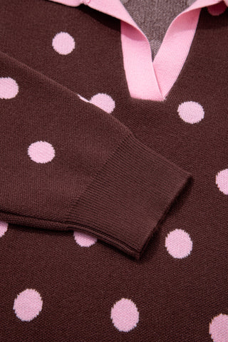 Pink Polka Dot Pattern Color Block Collared Loose Pullover Sweater