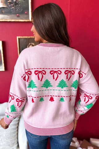 Pink Festive Holiday Print Round Neck Loose Tunic Sweater