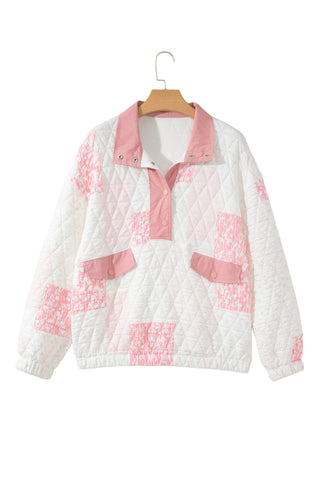Multicolour Floral Quilted Half Button Pocketed Pullover Sweatshirt