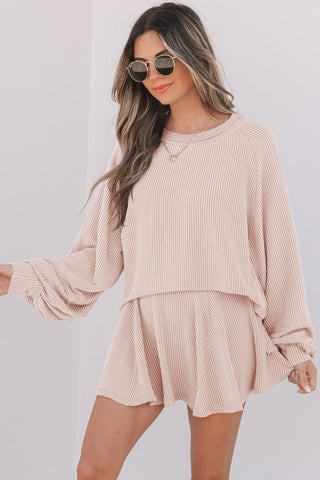 Sky Blue Corded Lantern Sleeve Top High Waist Ruffled Mini Skirt Set