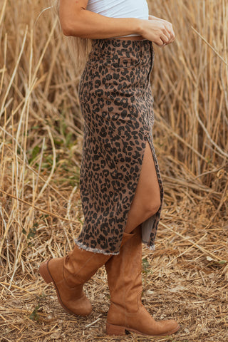 Brown Leopard Print Side Split Frayed Hem Denim Midi Skirt