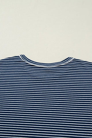 Blue Stripe Drop Shoulder Round Neck Long Sleeve Tee and Buttoned Shorts 2pcs Lounge Set