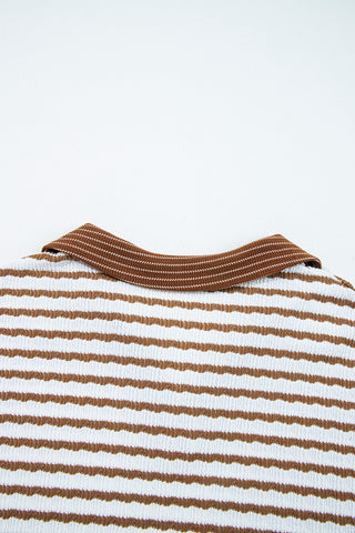 Khaki Stripe Plus Size Collared V Neck Loose Pullover Drawstring Elastic Waist Wide Leg Pant Set