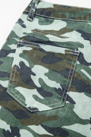 Green Camouflage Print Wide Leg Drawstring Denim Pants