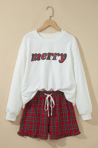 White Plaid Merry Slogan Embroidered Pocket Long Sleeve Shift Lounge Set