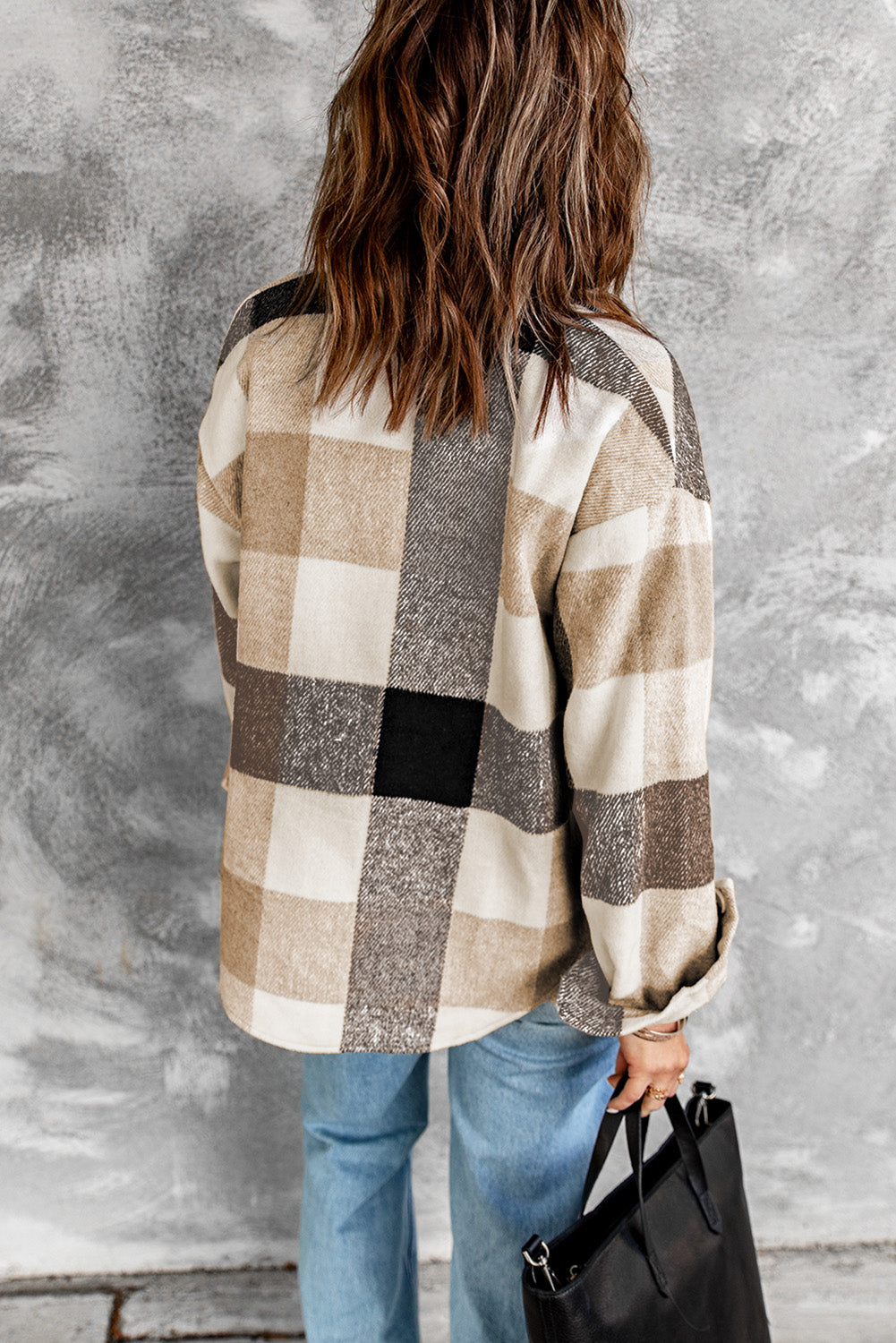 Purple Plaid Color Block Buttoned Long Sleeve Jacket with Pocket
