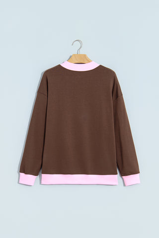 Grapefruit Orange Colorblock Trim Crewneck Long Sleeve Pullover Sweatshirt