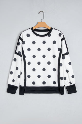 White Polka Dot Contrast Patchwork Round Neck Baggy Sweatshirt