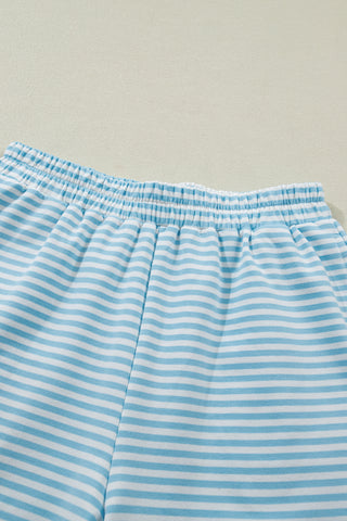 Sky Blue Stripe Cuffed Sleeve Contrast Mock Neck Tee Casual 2pcs Short Set