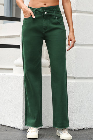 Green Crossed Waist Raw Hem Shift Jeans