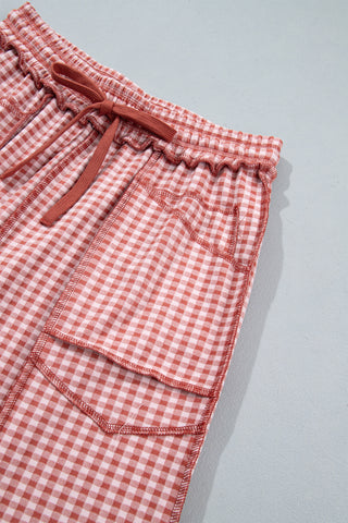 Red Plaid Contrast Trim Drawstring Elastic Waist Shift Pants