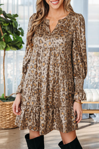 Khaki Leopard Print V Neck Ruffled Sleeve Tiered Loose Mini Dress