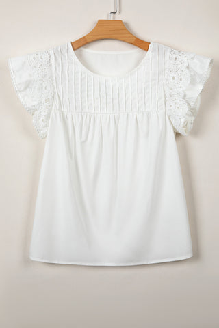 White Lace Detail Flutter Sleeve Pleated Round Neck Blouse