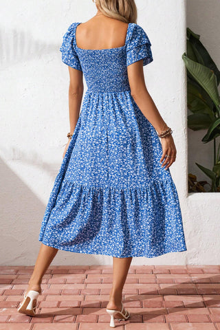 Blue Ditsy Floral Print Smocked Square Neck Ruffle Short Sleeve Dress