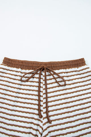 Khaki Stripe Plus Size Collared V Neck Loose Pullover Drawstring Elastic Waist Wide Leg Pant Set