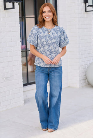 Something Blue Lace Textured Puff Sleeve Top
