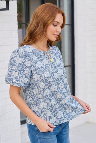 Something Blue Lace Textured Puff Sleeve Top