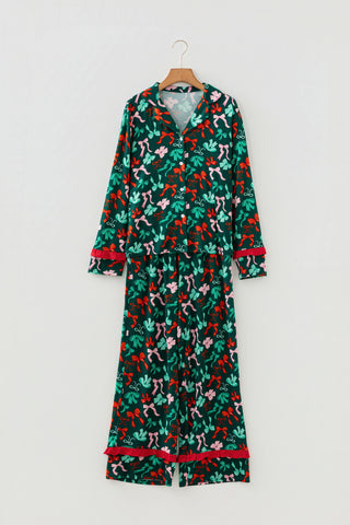 Green Festive Bow Print 2pcs Pajama Pant Set