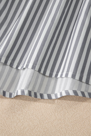 Gray Stripe Half Button Gauze Patchwork Bracelet Sleeve Babydoll Blouse