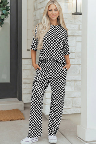 Black Checkered Print Half Sleeve Tee 2pcs Lounge Pant Set