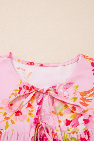 Pink Floral Print Tie Neck Puffy Half Sleeve Blouse