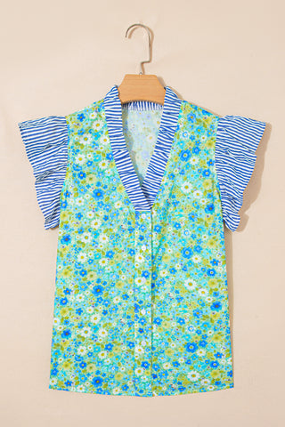 Green Floral Painting Print Striped Patchwork Flutter Sleeve V Neck Blouse