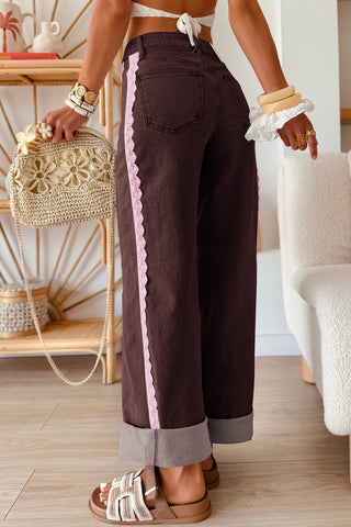 Coffee Lace Trim Casual Full-Length Regular Fit Jeans