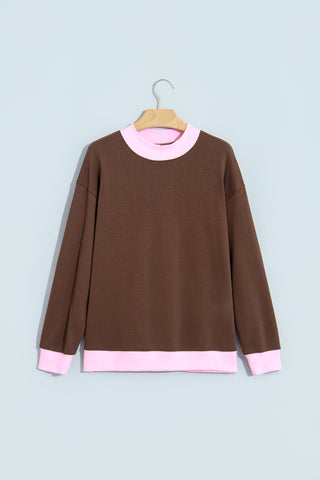Grapefruit Orange Colorblock Trim Crewneck Long Sleeve Pullover Sweatshirt