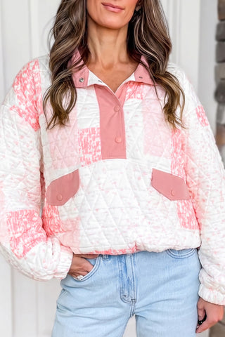 Multicolour Floral Quilted Half Button Pocketed Pullover Sweatshirt