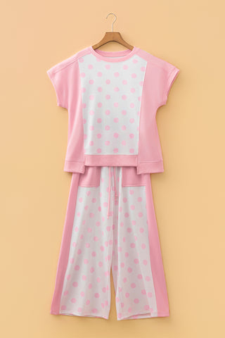 Green Color Block Patchwork Polka Dot Wide Leg Pant Set